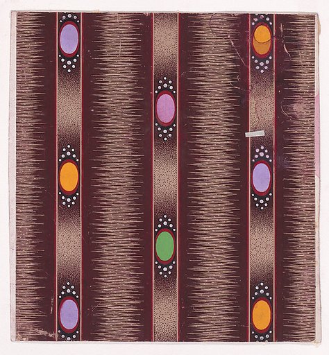 Textile Design with Vertical Stripes of Ribbon Decorated with Ovals Flanked by Pearls over a Glitched Background