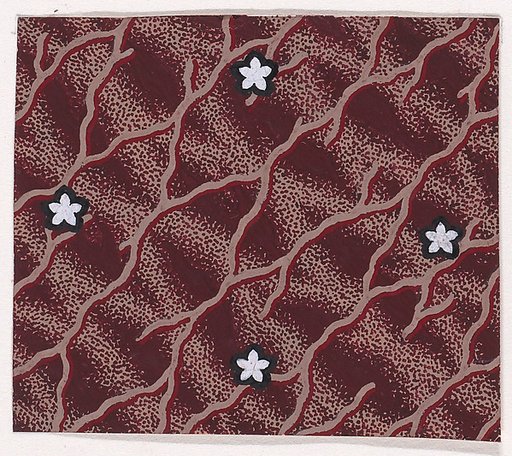 Textile Design with Interlacing Branches and Alternating Rows of Rosettes over a Background with an Interlaced Pattern