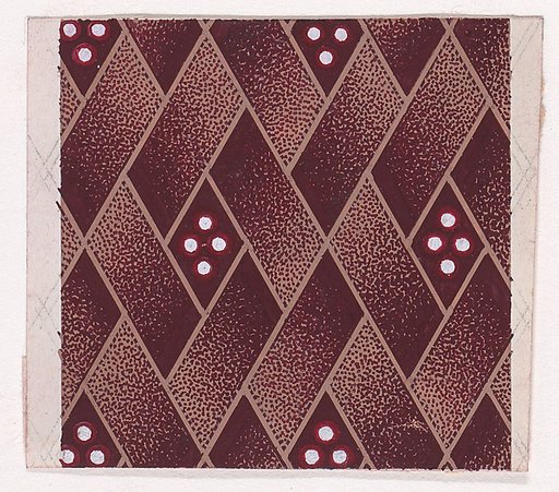 Textile Design with a Tiled Background of Alternating Rectangular Shapes Framed by Ribbons Decorated with Pearls