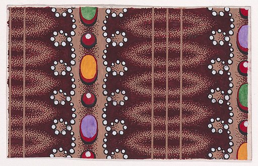 Textile Design with Alternating Vertical Rows of Lens Shapes and Rows of Ovals and Pearls Framed by Undulating Garlands of Pearls