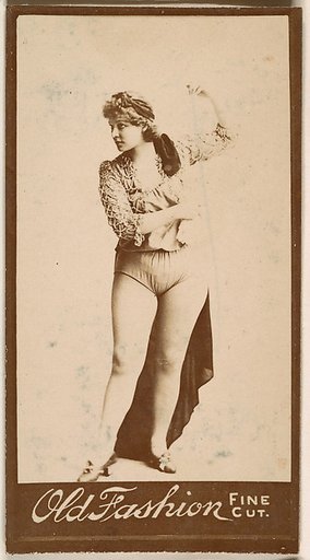 Actress standing with arm aloft, from the Actresses series (N664) promoting Old Fashion Fine Cut Tobacco