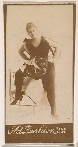 Actress posing with foot on chair, from the Actresses series (N664) promoting Old Fashion Fine Cut Tobacco