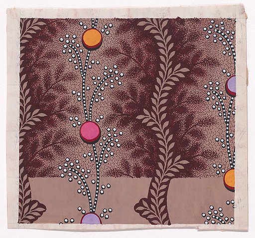 Textile Design with Vertical Scrolls of Pearls with Circles Separated by Vertical Undulating Garlands of Stylized Leaves