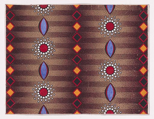 Textile Design with Vertical Strips of Alternating Lens-Shapes and Circles Framed by Pearls Separated by Vertical Strips of Lozenges over a Striped Background