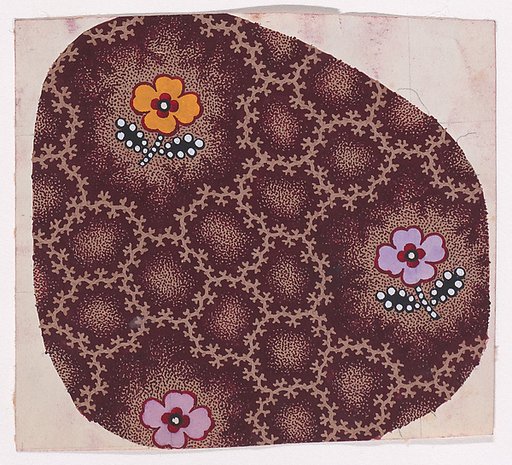 Textile Design with Alternating Rows of Stylized Flowers Decorated with Pearls Framed by an Interlacing Pattern of Garlands of Branches over a Stippled Background