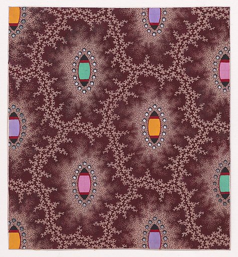 Textile Design with Alternating Vertical Rows of Shuttle Shapes and Pearls Framed by Interlacing Garlands of Branches