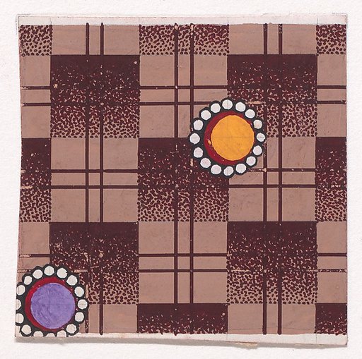 Textile Design with Alternating Rows of Circles Framed by Pearls over a Checked Background