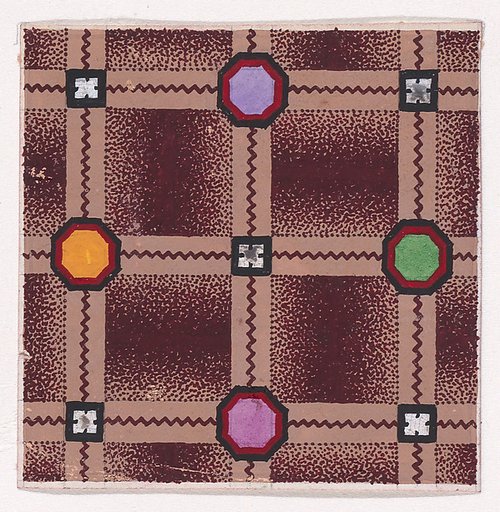 Textile Design with a Checked Pattern Decorated with Octagons and Squares over a Stippled Background