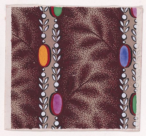 Textile Design with Vertical Stripes Framed by Strips of Ovals, Pearls and Stylized Leaves over a Stippled Background