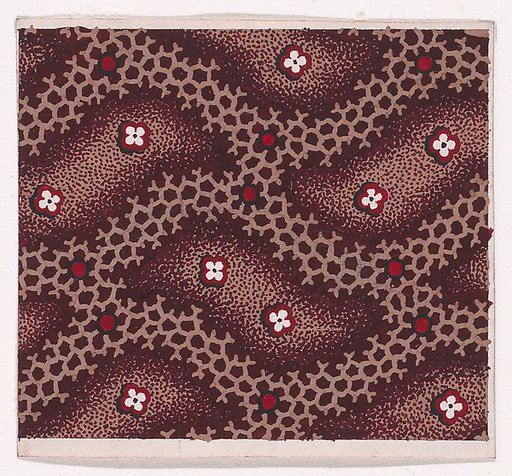 Textile Design with Alternating Stylized Leaves with Rosettes over a Background of a Honeycomb Pattern with Pearls