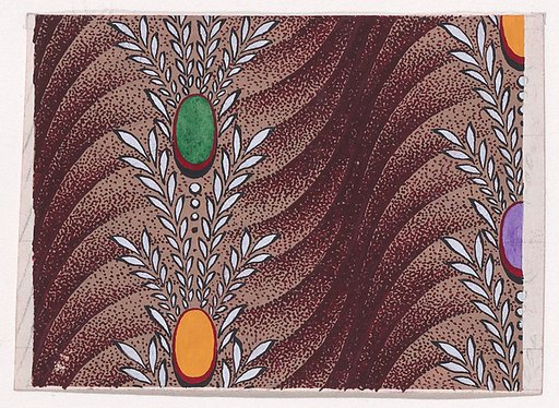 Textile Design with Vertical Garlands of Stylized Leaves, Pearls and Ovals over a Background of Overlapping Scales