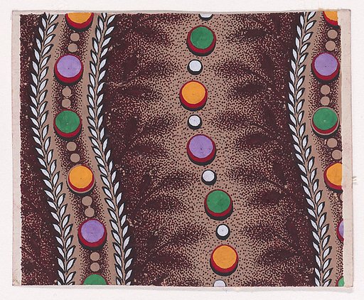 Textile Design with Vertical Undulating Ribbons Framed by Garlands of Stylized Leaves and with Pearls and Dots Running Along the Middle and with Offsetting Branches with Stylized Leaves Separated by Undulating Strips of Alternating Pearls