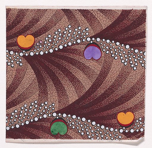 Textile Design with Horizontal Undulating Strips of Pearls with Alternating Offsetting Bundles of Pearls and Heart Shapes over a Background of Alternating Overlapping Scales