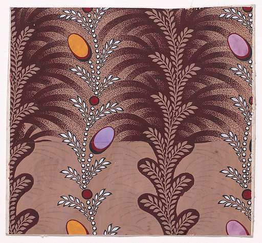 Textile Design with Alternating Vertical Garlands of Stylized Leaves and Undulating Strips of Pearls with Offsetting Stylized Leaves and Ovals