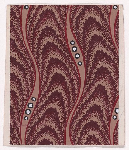 Textile Design with Undulating Vertical Strips of Overlapping Scales Separated by Undulating Ribbons and Pearls