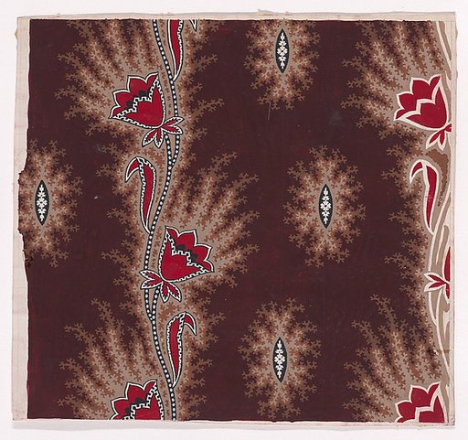 Textile Design with Vertical Garlands of Stylized Flowers and Leaves and Pearls with Offsetting Branches Separated by Vertical Rows of Alternating Shuttle-Shaped Motifs with a Small Rosette Flanked by Two Leaves with Offsetting Branches