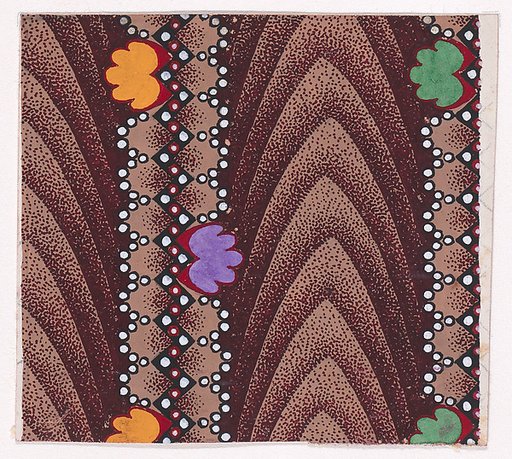 Textile Design with Vertical Ribbons Framed by Undulating Strips of Pearls and with a Zig-Zagging Strip of Pearls with Alternating Rosettes Separated by Vertical Strips of Overlapping Scales