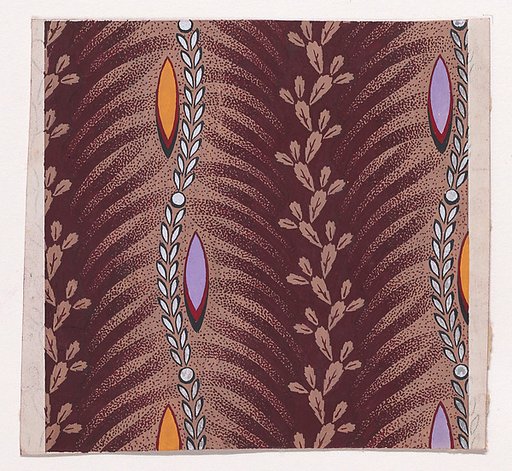 Textile Design with Vertical Undulating Garlands of Stylized Leaves with Offsetting Stylized Palm Leaves Separated by Vertical Undulating Garlands of Leaves and Pearls with Alternating Shuttle-Shaped Motifs