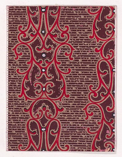 Textile Design with Vertical Strips of Pearls Framed by Ornamental Scrolling Motifs over a Striped Background with Dots
