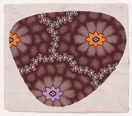 Textile Design with Alternating Horizontal Rows of Rosettes with Pearls as Pistils Framed by Interlacing Garlands of Branches with Pearls over an Abstract Honeycomb Pattern