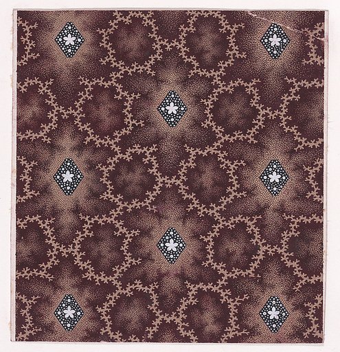 Textile Design with Alternating Vertical Rows of Lozenges Decorated with Rosettes and Pearls Framed by Interlacing Garlands of Branches