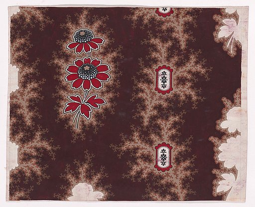 Textile Design with Alternating Vertical Rows of Stylized Flowers with Stems and Leaves with Offsetting Branches Separated by Ornamental Frames Containing Rosettes Flanked by Leaves and with Offsetting Branches