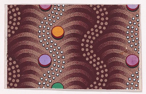 Textile Design with Vertical Undulating Garlands of Pearls with Alternatig Larger Pearls Separated by Undulating Garlands of Dots with Offsetting Stylized Palm Leaves