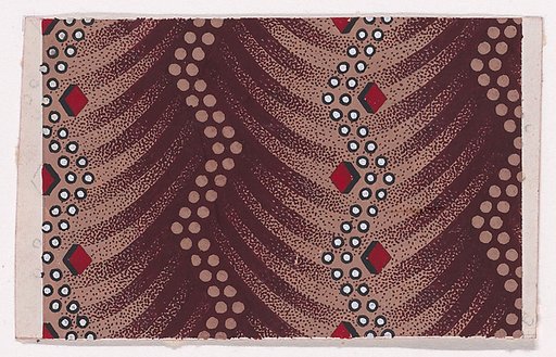 Textile Design with Alternating Vertical Zig-Zagging Strips of Dots and Zig-Zagging Strips of Pearls with Alternating Lozenges over a Background of Overlapping Scales