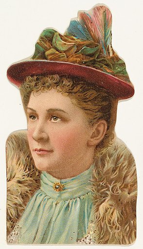 Actress wearing pink hat with multi-colored feathers, from Stars of the Stage, Fourth Series (N132) issued by Duke Sons & Co. to promote Honest Long Cut Tobacco