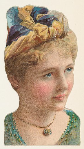 Actress wearing blue and yellow unstructured hat, from Stars of the Stage, Fourth Series (N132) issued by Duke Sons & Co. to promote Honest Long Cut Tobacco