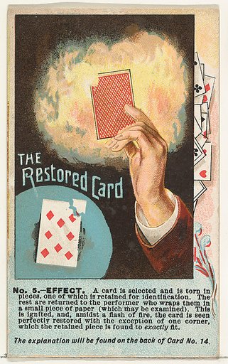 Number 5, The Restored Card, from the Tricks with Cards series (N138) issued by W. Duke, Sons & Co. to promote Honest Long Cut Tobacco