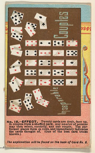 Number 18, Inseparable Couples, from the Tricks with Cards series (N138) issued by W. Duke, Sons & Co. to promote Honest Long Cut Tobacco
