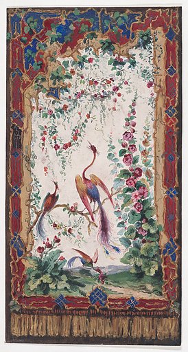 Design for Wallpaper or Panel (?) with an Orientalist Motif with Three Phoenix-Like Exotic Birds with Colorful Feathers and a Flowering Tree within an Ornamental Frame with Tassels Resembling a Tapestry