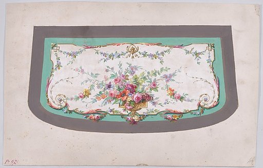 Design for a Sofa Seat Cover (?) with an Ornamental Frame Containing a Vase with a Large Bundle of Flowers and Leaves and Decorated with Acanthus Leaves and Two Fleurs de Lys