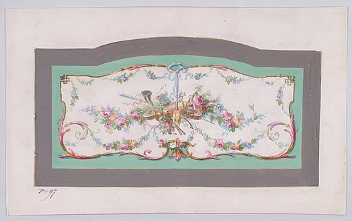 Design for a Sofa Back Cover (?) with an Ornamental Frame Containing a Large Horizontal Garland of Flowers and Leaves with Musical Instruments and a Vase, Decorated with Acanthus Leaves and Two Fleurs de Lys