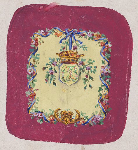 Design for a Chair Back Cover with an Ornamental Frame Formed by a Garland of Leaves and Flowers with an Interlacing Ribbon that Forms a Bow from which a Crown Motif with Monogram Hangs