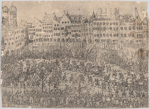 How one entered the church (Folgt wie man zur Kirchen gangen), from a series depicting the wedding of Wolfgang Wilhelm, Duke of Pfalz-Neuberg, Pfalzgraf, and Magdalena, Duchess of Bavaria, in Munich, 1613 (Plate 4)