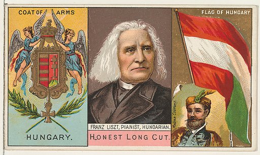 Franz Liszt, Pianist, Hungarian, from the Rulers, Flags, and Coats of Arms series (N126-1) issued by W. Duke, Sons & Co.
