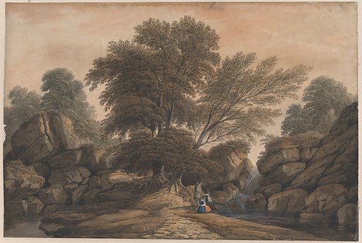 Figures beside a waterfall and pool in a wooded landscape