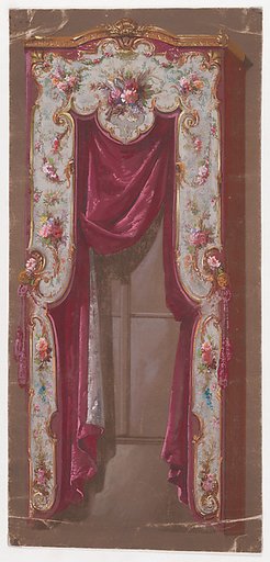 Design for a Valance in with Thin Bushes and Garlands of Flowers and a Shell Motif with a Hanging Curtain
