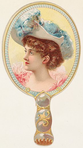 Hand mirror with woman in blue feathered hat, from the Novelties series (N122) issued by Gail & Ax Tobacco to promote Navy Long Cut