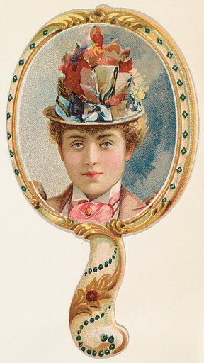 Hand mirror with woman in floral hat with blue ribbont, from the Novelties series (N122) issued by Gail & Ax Tobacco to promote Navy Long Cut