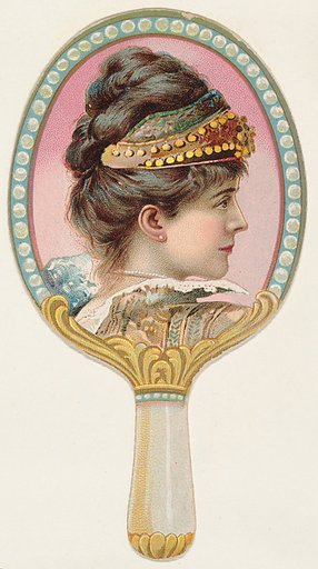 Hand mirror with woman wearing jewelled headpiece, from the Novelties series (N122) issued by Gail & Ax Tobacco to promote Navy Long Cut