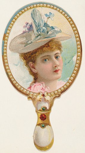 Hand mirror with woman in blue floral hat, from the Novelties series (N122) issued by Gail & Ax Tobacco to promote Navy Long Cut