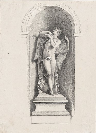 Standing male angel looking up and holding a flute; after Fontaine des Quatre-Saisons (Paris)