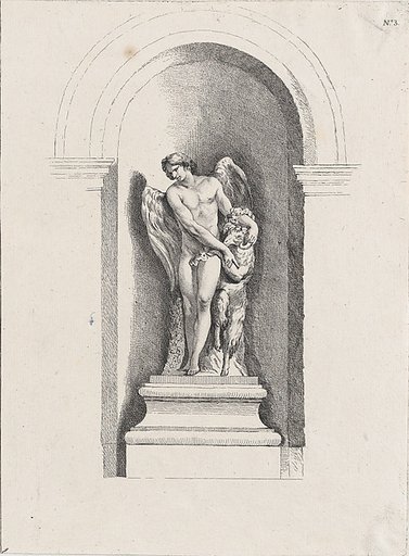 Standing male angel looking down to left and holding a ram; allegory of Summer; after a bas-relief on the Fontaine des Quatre-Saisons (Paris)