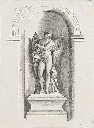 Standing male angel holding an empty bowl and looking down; allegory of Winter; after a bas-relief on the Fontaine des Quatre-Saisons (Paris)