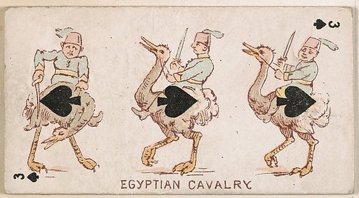 Three of Spades, Egyptian Cavalry, from Harlequin Cards, 2nd Series (N220) issued by Kinney Bros.