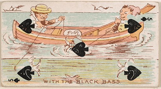 Five of Spades, With the Black Bass, from Harlequin Cards, 2nd Series (N220) issued by Kinney Bros.