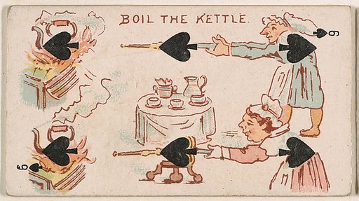 Six of Spades, Boil the Kettle, from Harlequin Cards, 2nd Series (N220) issued by Kinney Bros.